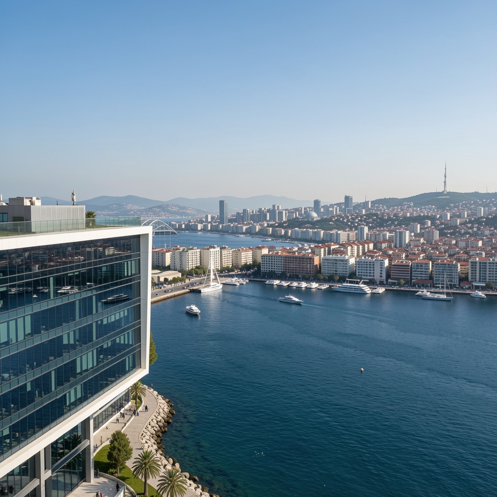 İzmir körfezi kıyısında modern bir ofis binası, Karşıyaka semtinde panoramik şehir manzarası, gün ışığında çekilmiş