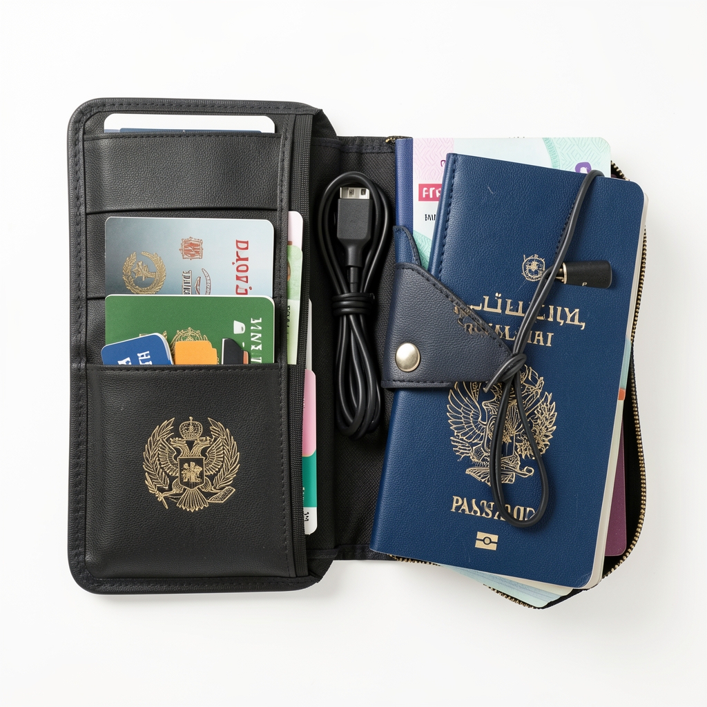 Seyahat aksesuarları düzenli sergilenmiş pasaport kılıfı organizer set kablo düzenleyici beyaz arka plan