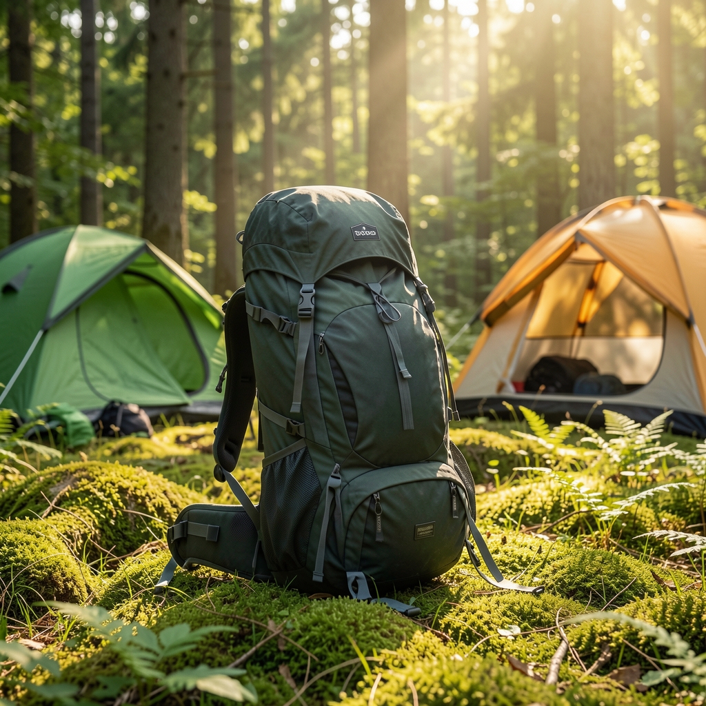Teçhizatlı outdoor trekking sırt çantası yeşil orman zemininde güneş ışığında kamp alanı kurulumu