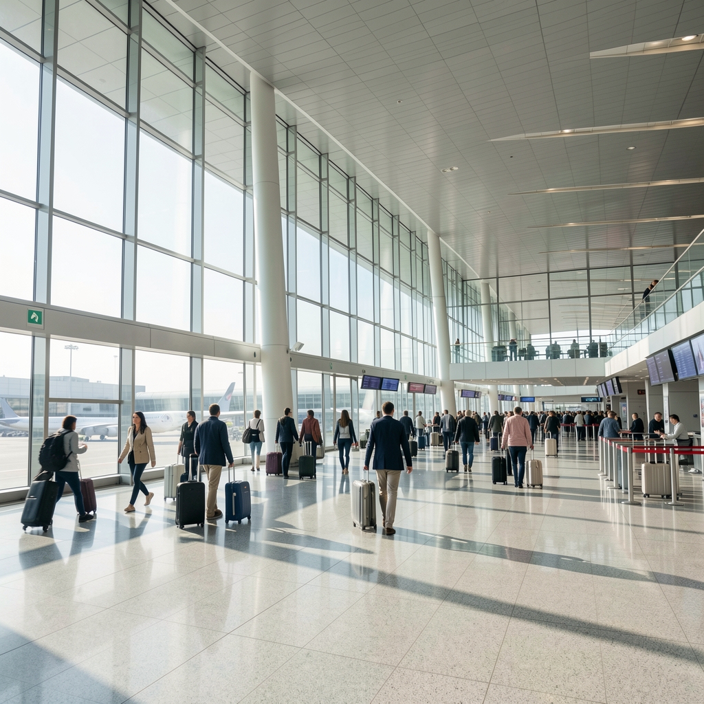 Modern uluslararası havalimanı gidiş terminali, geniş cam yüzeyler ve seyahat eden yolcular, temiz ve aydınlık terminal ortamı